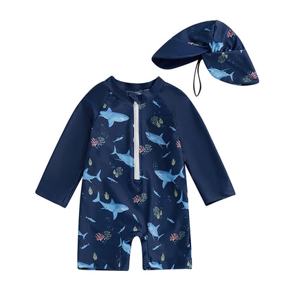 Premium 2-piece toddler boy swimwear set featuring a navy blue shark print long sleeve rash guard and matching wide-brim sun hat for UPF 50+ protection.