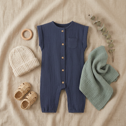 Flat lay aesthetic styling of the navy blue infant jumpsuit paired with a knit baby beanie, wooden toys, and a cozy sage green blanket.