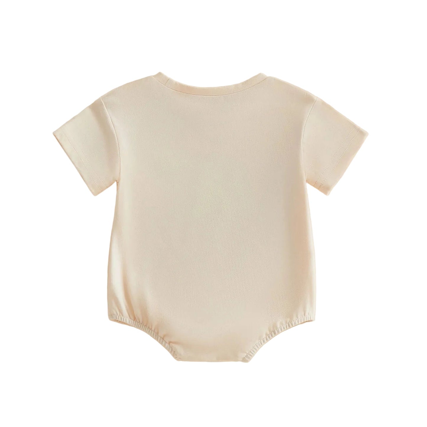 Back view of the plain cream short-sleeve baby golf romper showing the clean, simple design.