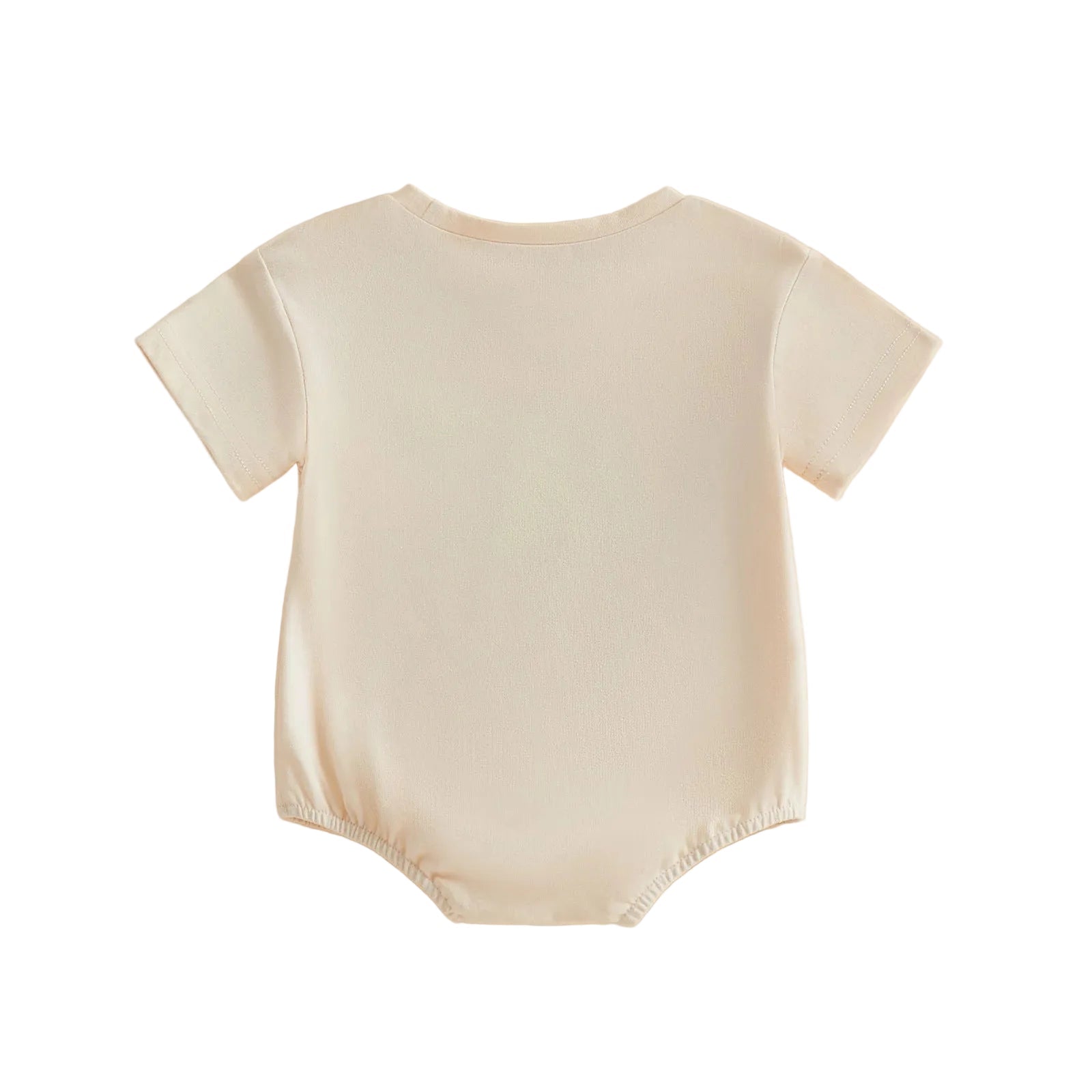 Back view of the plain cream short-sleeve baby golf romper showing the clean, simple design.