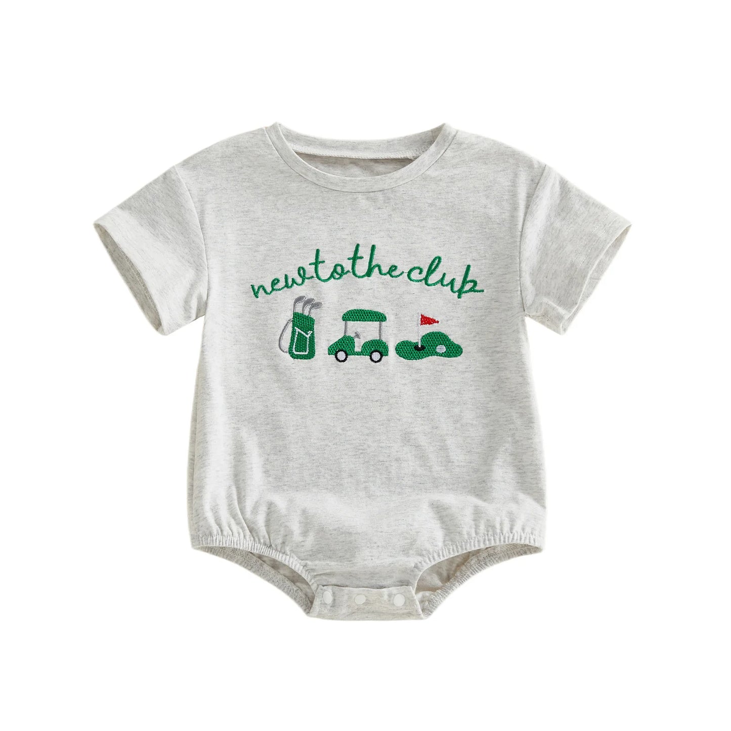Front view of the Kidsely "New to the Club" baby golf romper in light heather grey.