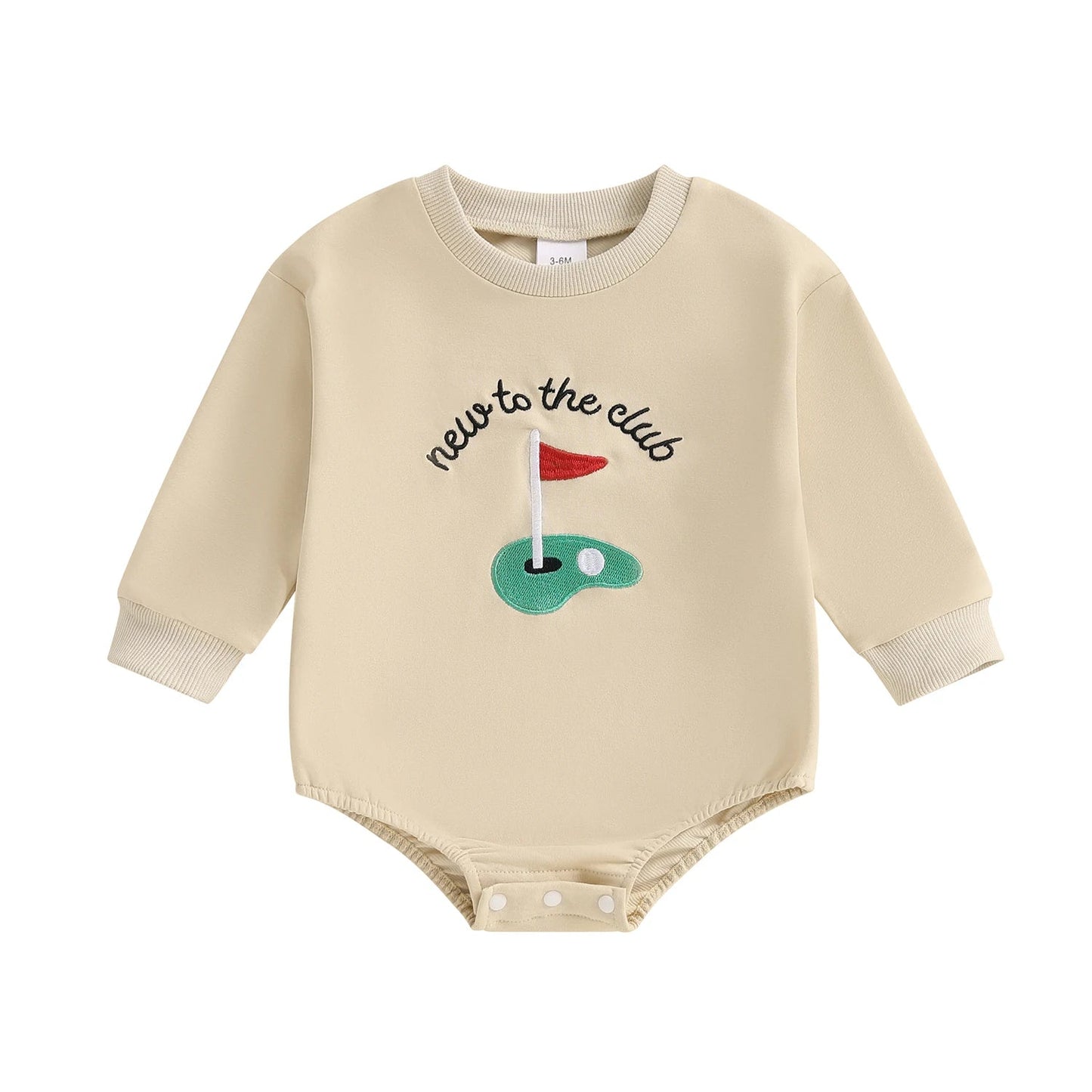 Front view of the Kidsely "New to the Club" long-sleeve baby golf romper in beige.