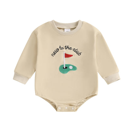 Front view of the Kidsely "New to the Club" long-sleeve baby golf romper in beige.