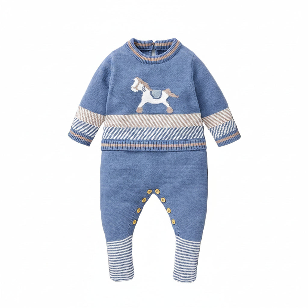 Studio front view of the kidsely sky blue newborn baby boy knit jumpsuit featuring a woven white horse design and striped accents.