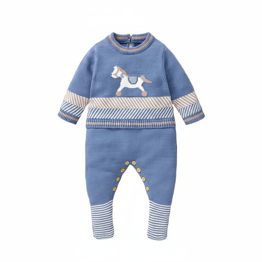 Studio front view of the kidsely sky blue newborn baby boy knit jumpsuit featuring a woven white horse design and striped accents.