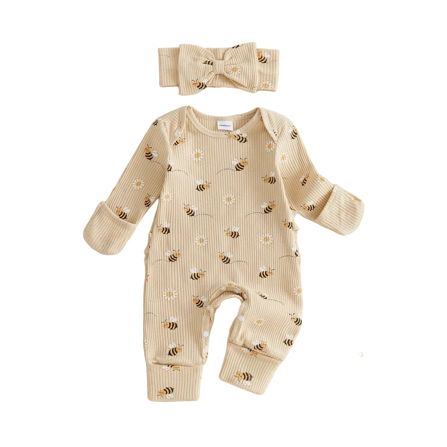 Front view of the Kidsely beige ribbed long-sleeve baby girl romper and matching headband featuring a cute bee and daisy print.