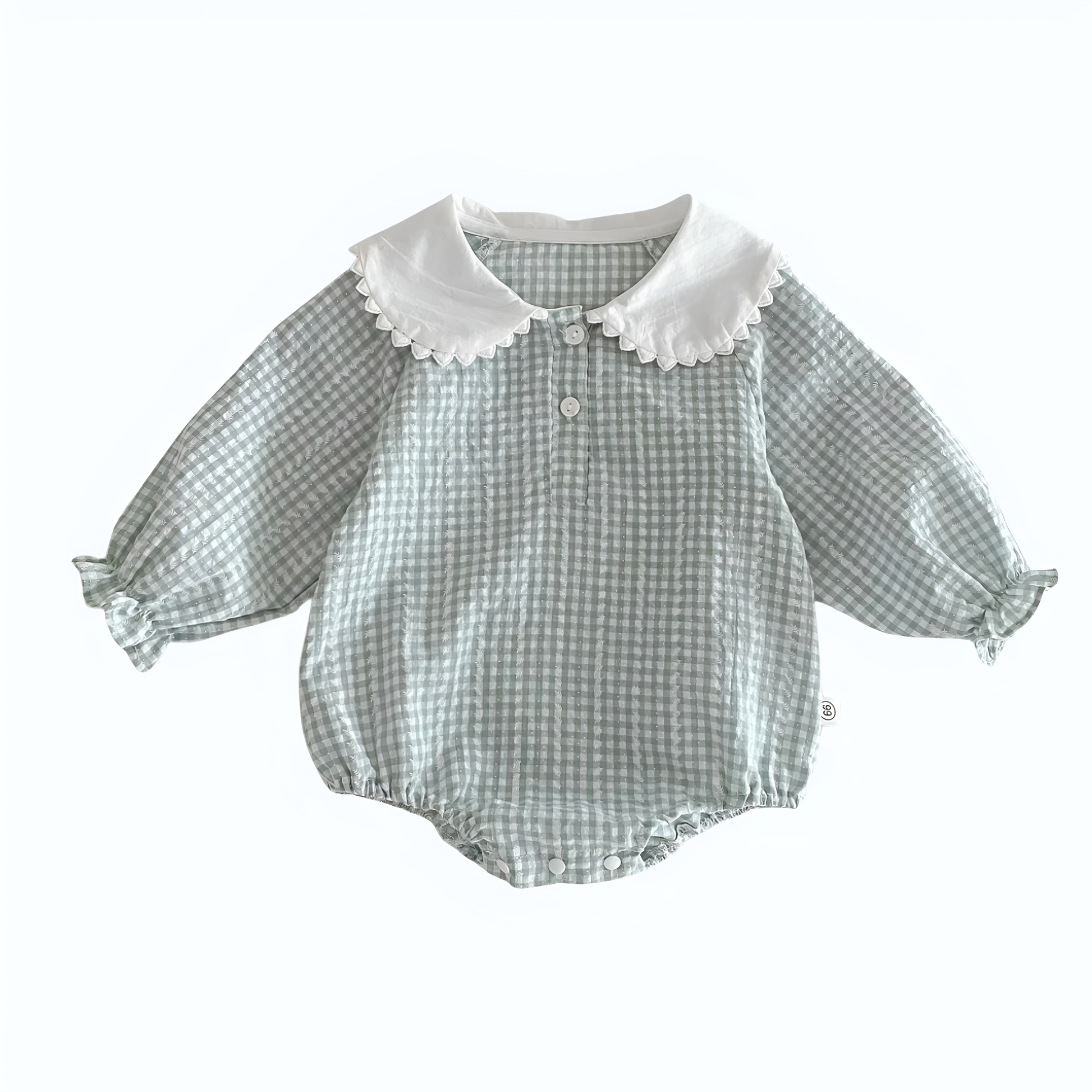 Flat lay of an elegant sky blue and white gingham baby girl romper featuring a white Peter Pan collar, long sleeves with ruffled cuffs, and front button details