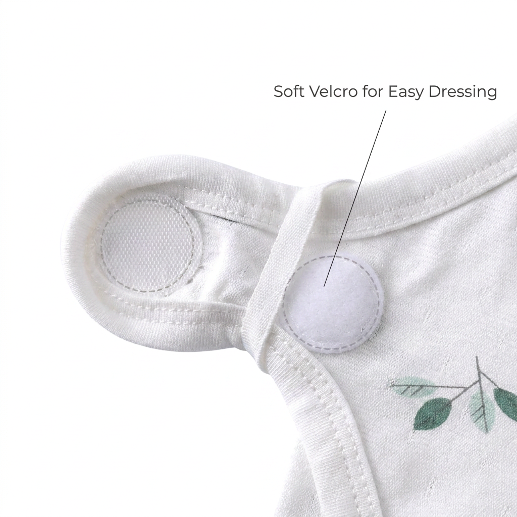 Extreme close-up of the ultra-soft round velcro tabs on the inner side wrap of the baby bodysuit for easy dressing.