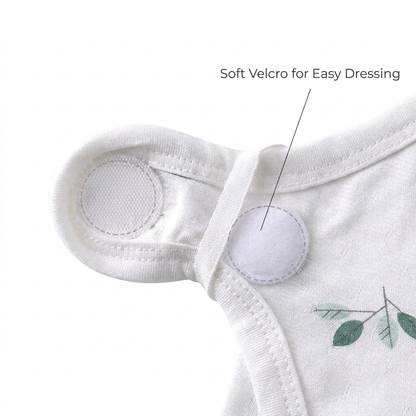 Extreme close-up of the ultra-soft round velcro tabs on the inner side wrap of the baby bodysuit for easy dressing.