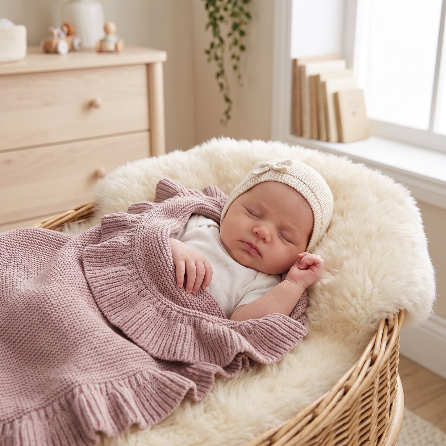 Sleeping newborn baby swaddled in a dusty rose 100% cotton knit ruffle blanket wearing a cream beanie inside a wicker basket