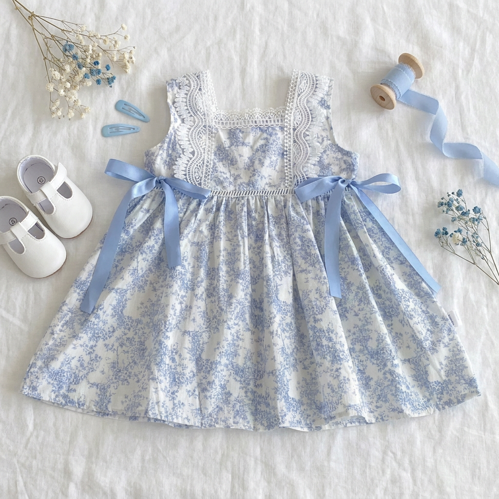 Flat lay of the blue toile floral dress with matching white shoes and floral accents.