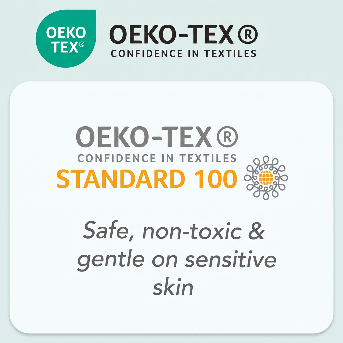 OEKO-TEX Standard 100 confidence in textiles certification badge highlighting safe, non-toxic, and gentle fabric on sensitive skin for Kidsely bamboo toddler pajamas