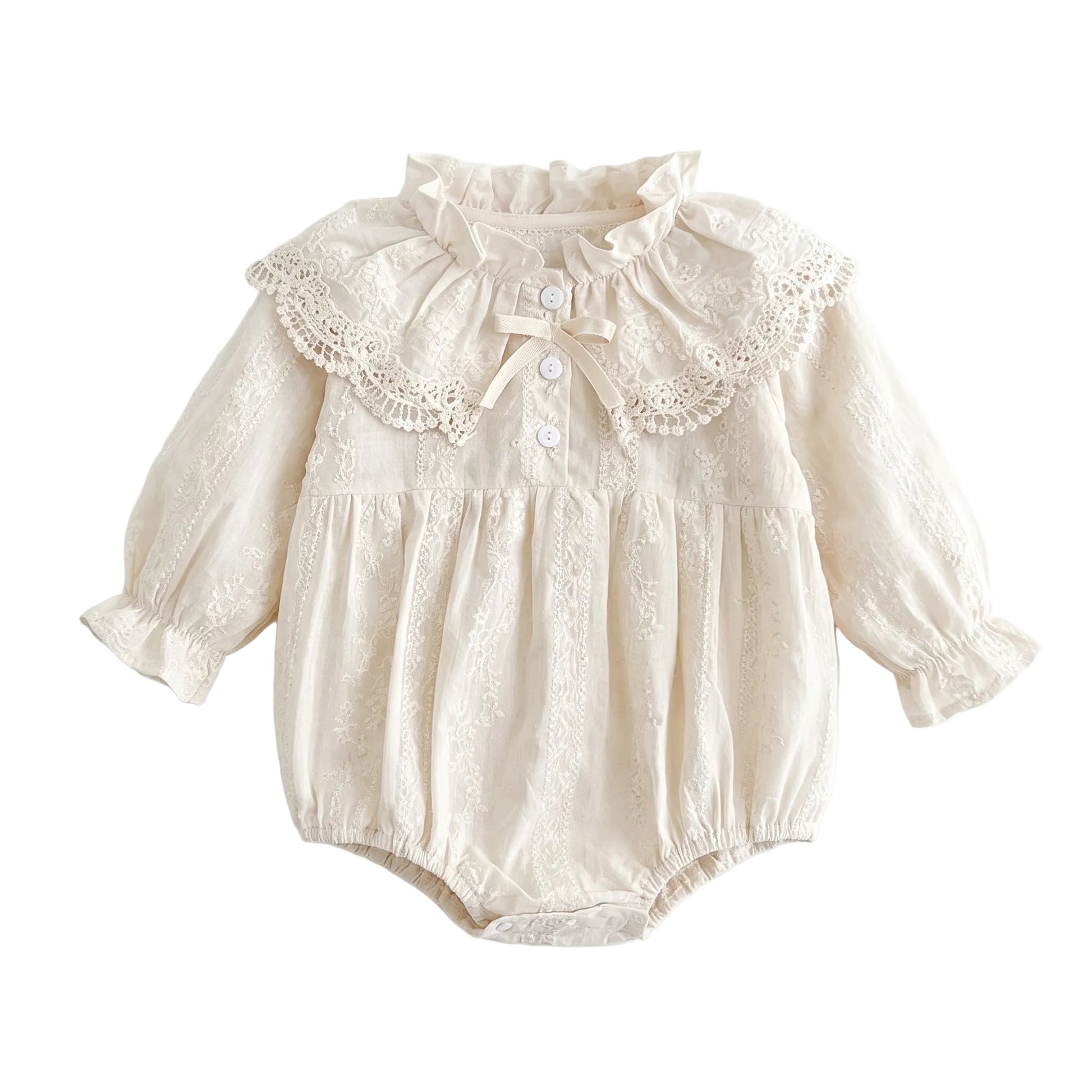 Off-white vintage baby girl bubble romper with a lace Peter Pan collar, bishop sleeves, and front bow detail.