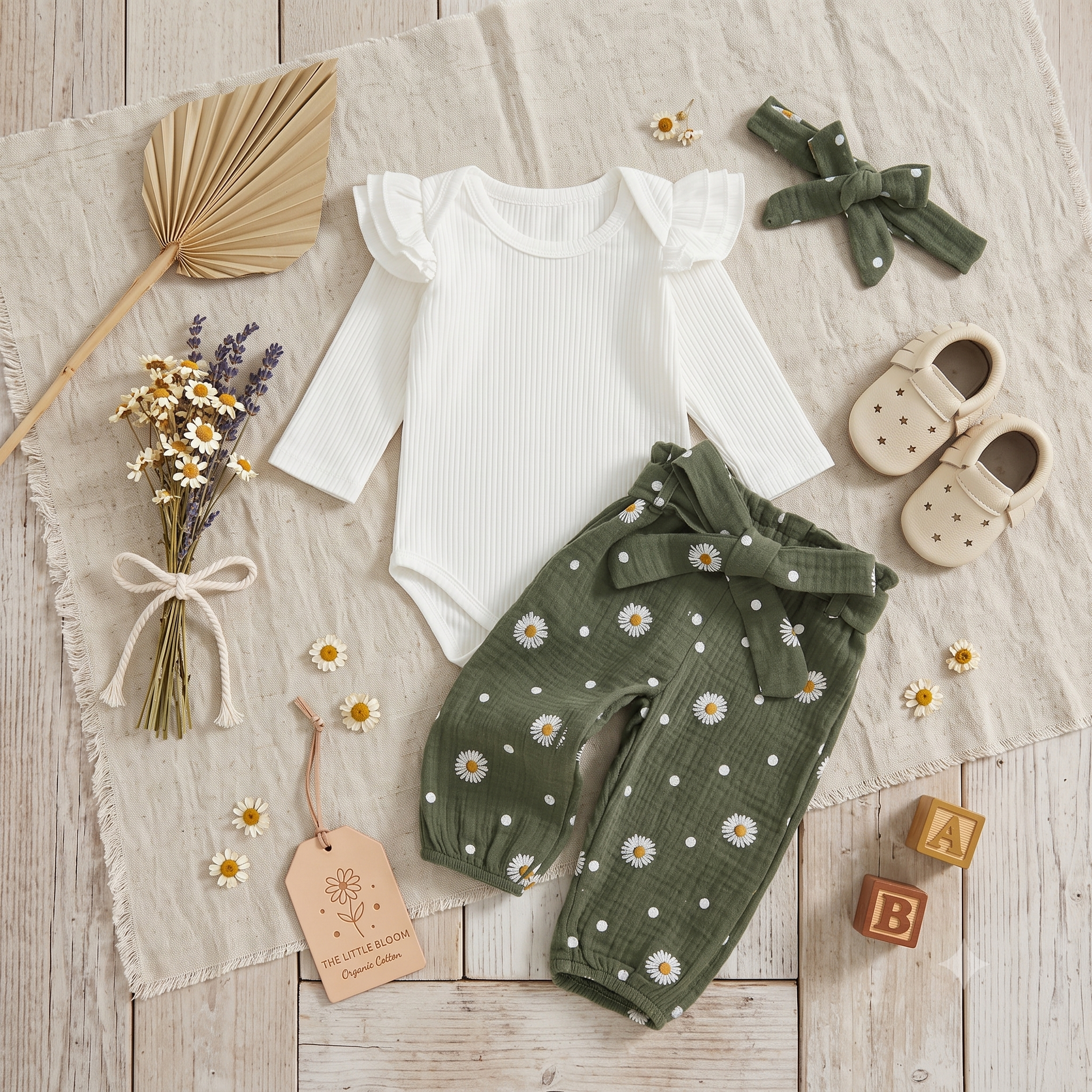 Styled flat lay of the olive green baby girl daisy clothes set paired with baby shoes, wooden blocks, and dried flowers.