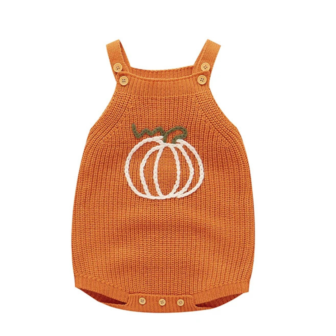 Orange baby knit pumpkin bubble romper featuring a white woven pumpkin design on the front.