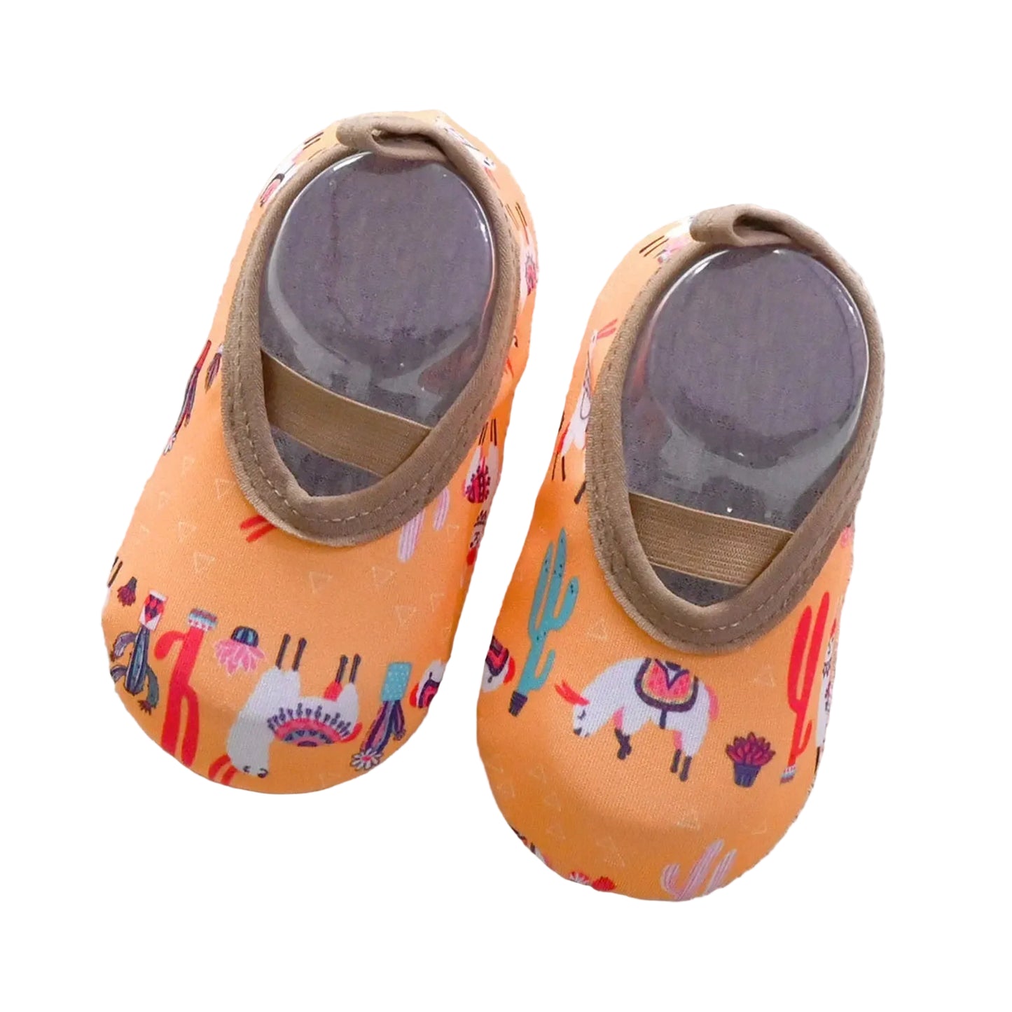 Kidsely orange barefoot water shoes with llama and cactus pattern for toddlers.
