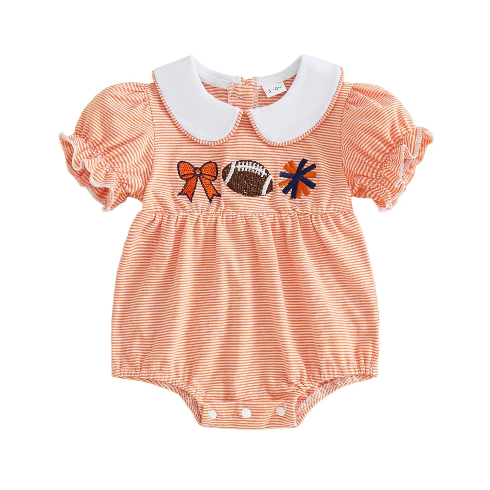 Front view of a baby girl's orange and white striped short-sleeve bubble romper featuring a white Peter Pan collar and football, cheer pom-pom, and bow embroidery on the chest.