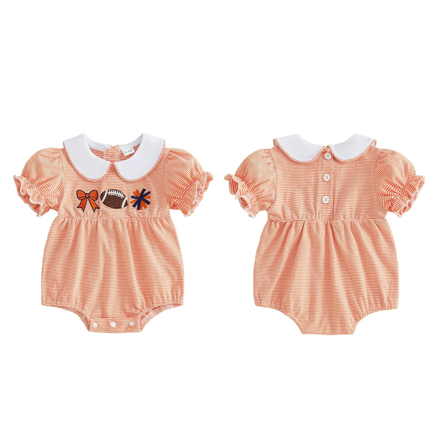 Side-by-side view showing the front and back of the orange and white striped baby girl football romper, highlighting the back button closure and ruffle details.