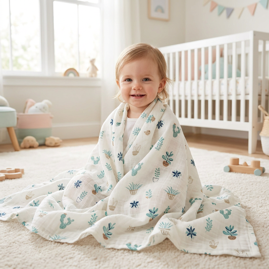 A happy baby wrapped in a large, breathable bamboo cotton muslin swaddle blanket with a cactus print, sitting on a rug in a modern nursery.