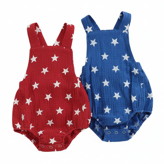 Red and blue sleeveless baby rompers with white star prints, ideal for patriotic 4th of July and Memorial Day summer outfits.