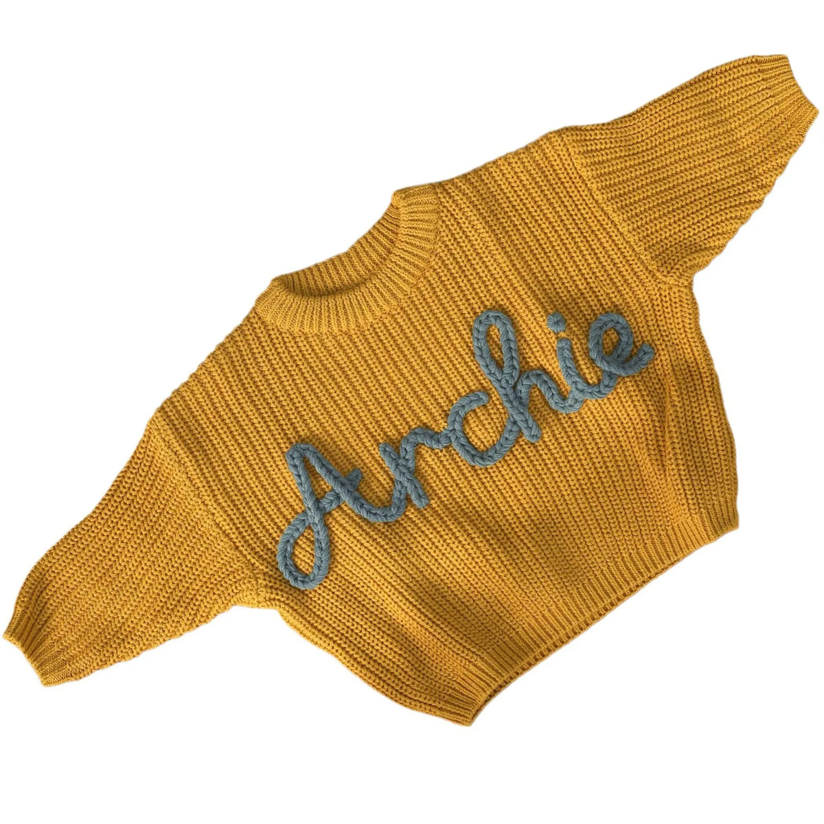 Personalized yellow chunky 100% cotton baby knit sweater hand-embroidered with the name Archie