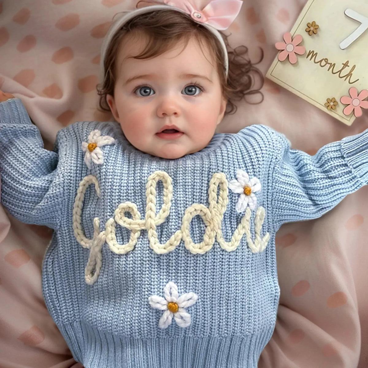 Baby wearing a personalized blue 100% cotton knit sweater hand-embroidered with Goldie and daisy details