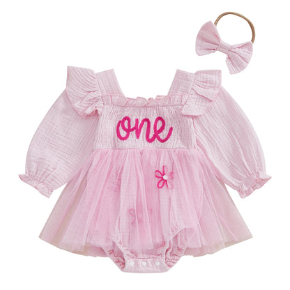 Pink baby girl 1st birthday long sleeve smocked tulle dress with dark pink embroidered ONE and matching bow headband