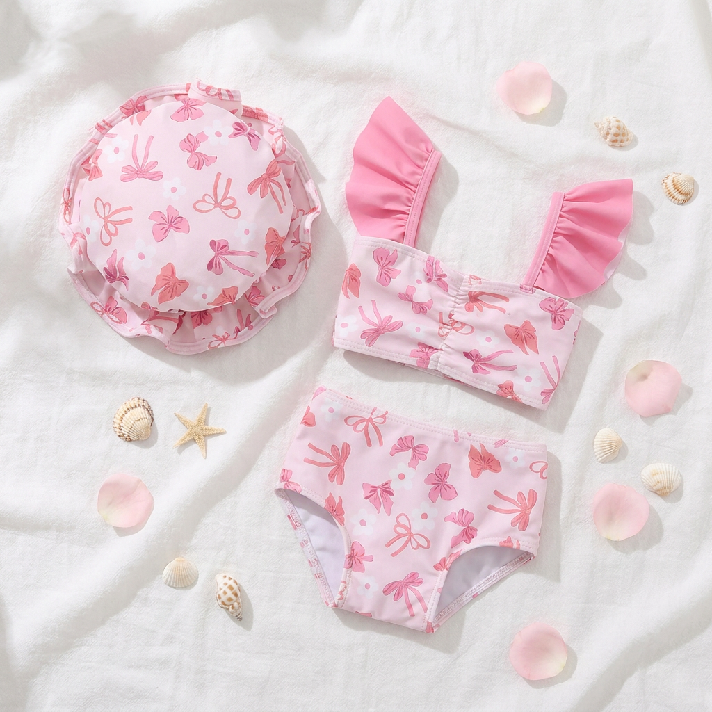 Pink children's swimsuit set with matching hat on a white background with seashells and petals.