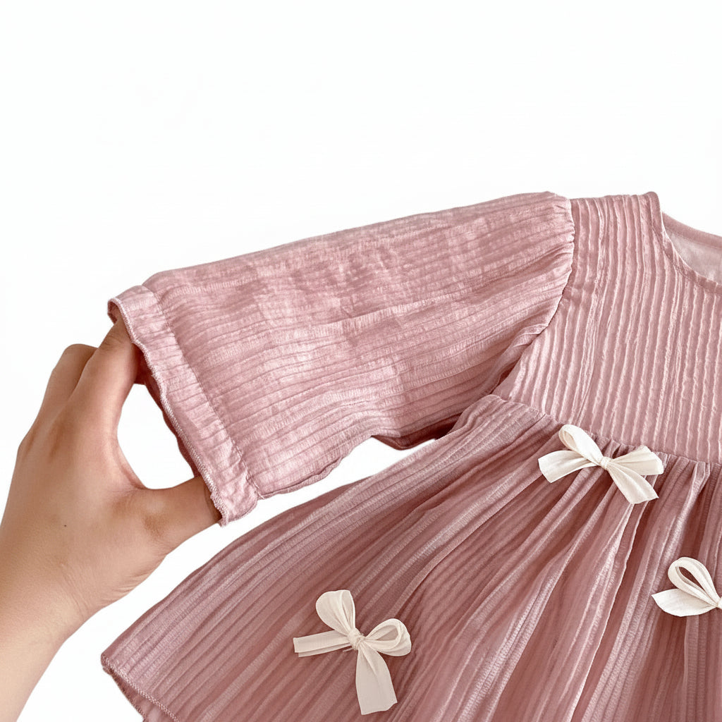 Close-up of a hand holding the sleeve of the dusty pink baby dress to highlight the stretchy elastic ruffle cuff detail.
