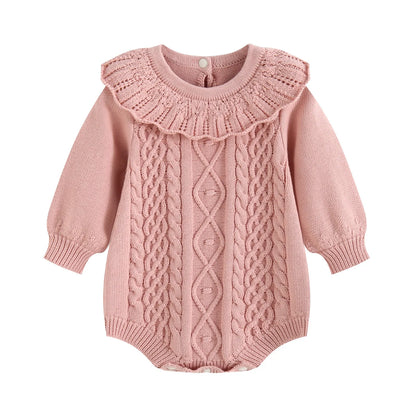 Soft pink infant baby girl long sleeve cable knit ruffle collar bodysuit.