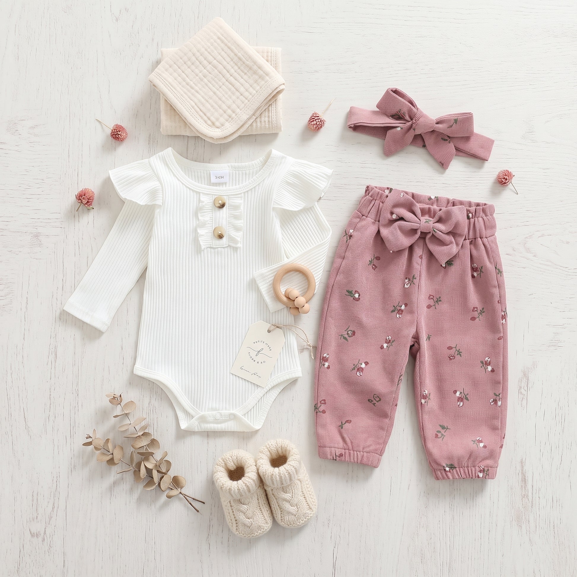 Styled flat lay of baby girl fall clothing set including a white ruffled romper, pink floral corduroy pants, headband, and baby booties.