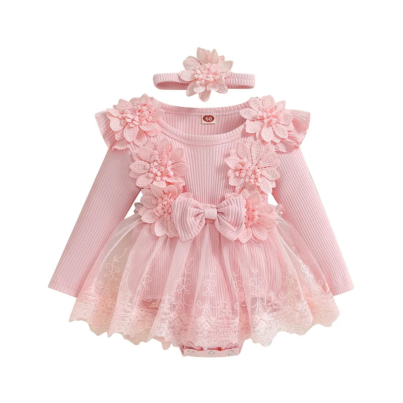 Pink baby girl long sleeve ribbed floral tutu romper dress with matching 3D flower headband.