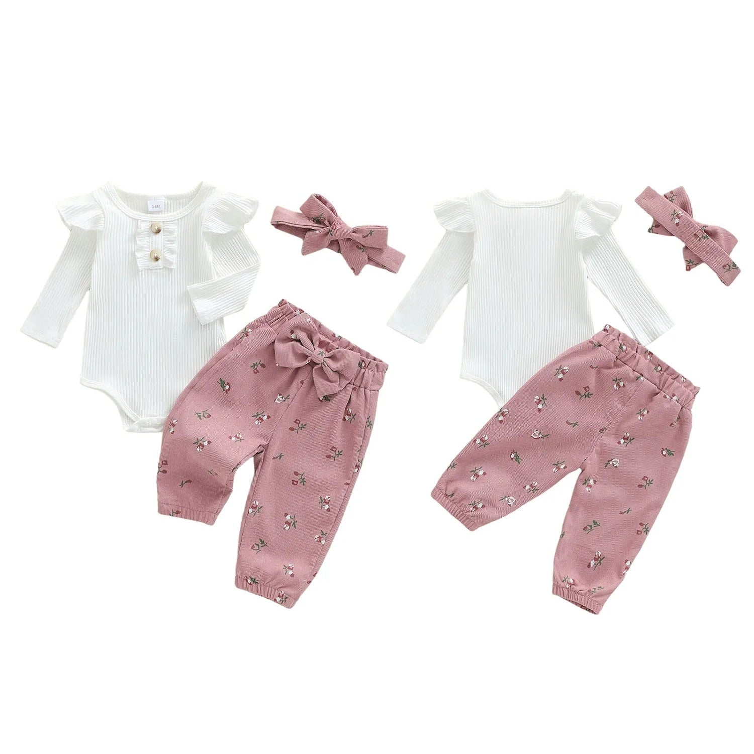 Front and back view of the baby girl 3-piece outfit featuring a white long-sleeve bodysuit and pink floral corduroy pants.