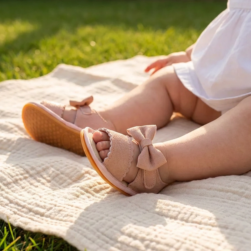 Close-up lifestyle view of a baby girl sitting on a picnic blanket outdoors wearing pink leather first walker sandals with a bowknot.