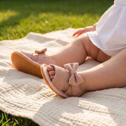 Close-up lifestyle view of a baby girl sitting on a picnic blanket outdoors wearing pink leather first walker sandals with a bowknot.