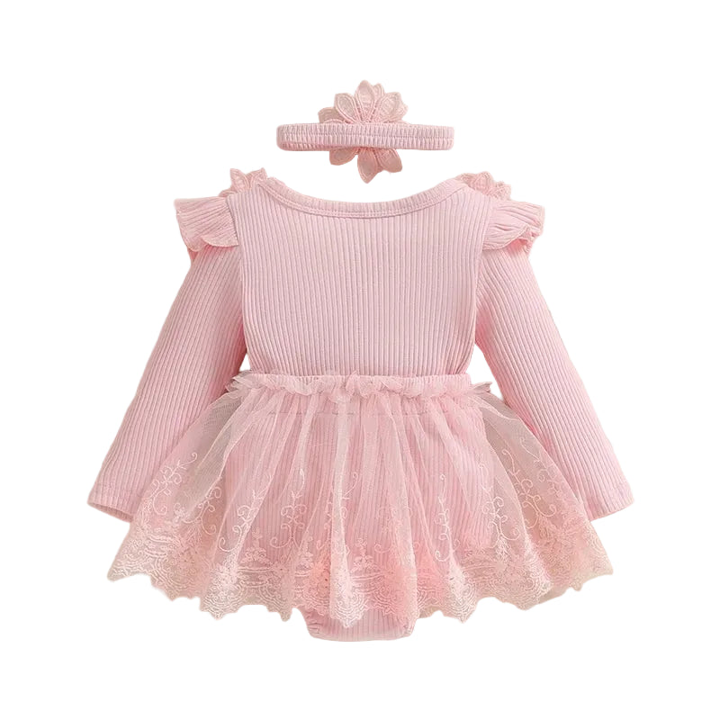 Flat lay back view of the pink baby girl long sleeve tutu romper dress and floral headband.