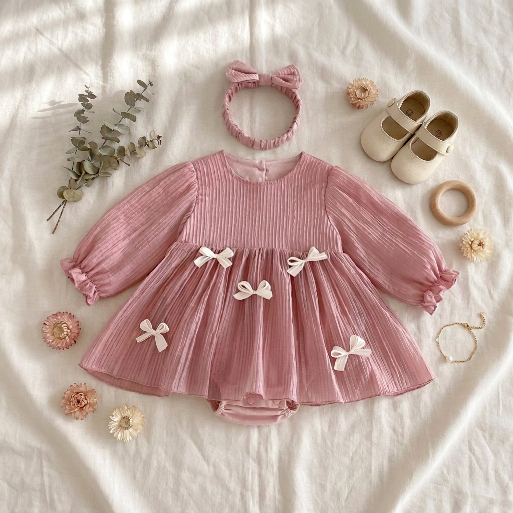 Aesthetic flat lay of a dusty pink baby girl romper dress with a matching headband, baby shoes, and floral props on a white blanket.