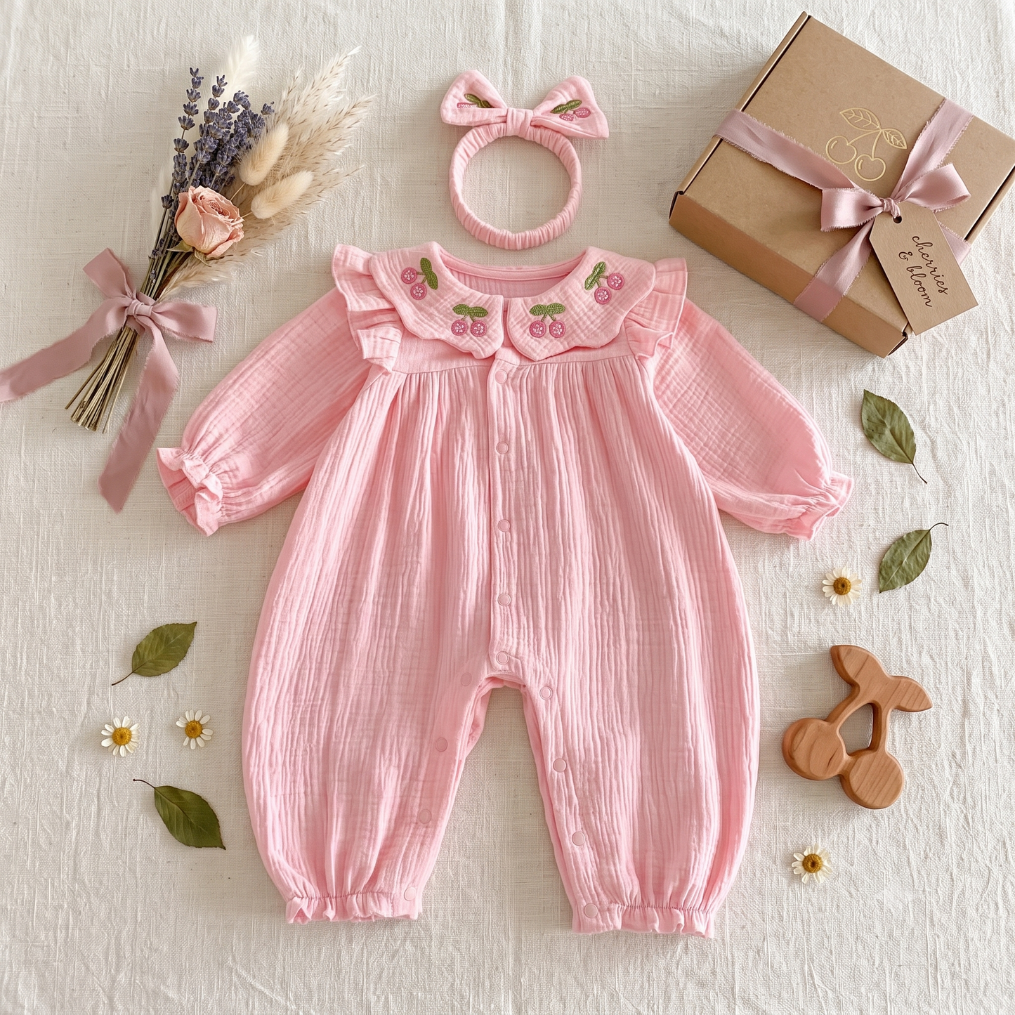 Kidsely pink muslin baby romper and headband set laid flat next to a rustic gift box and flowers, perfect for baby shower gifting.