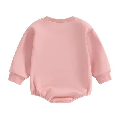 Back view of the plain pink long sleeve baby sweatshirt bubble romper.