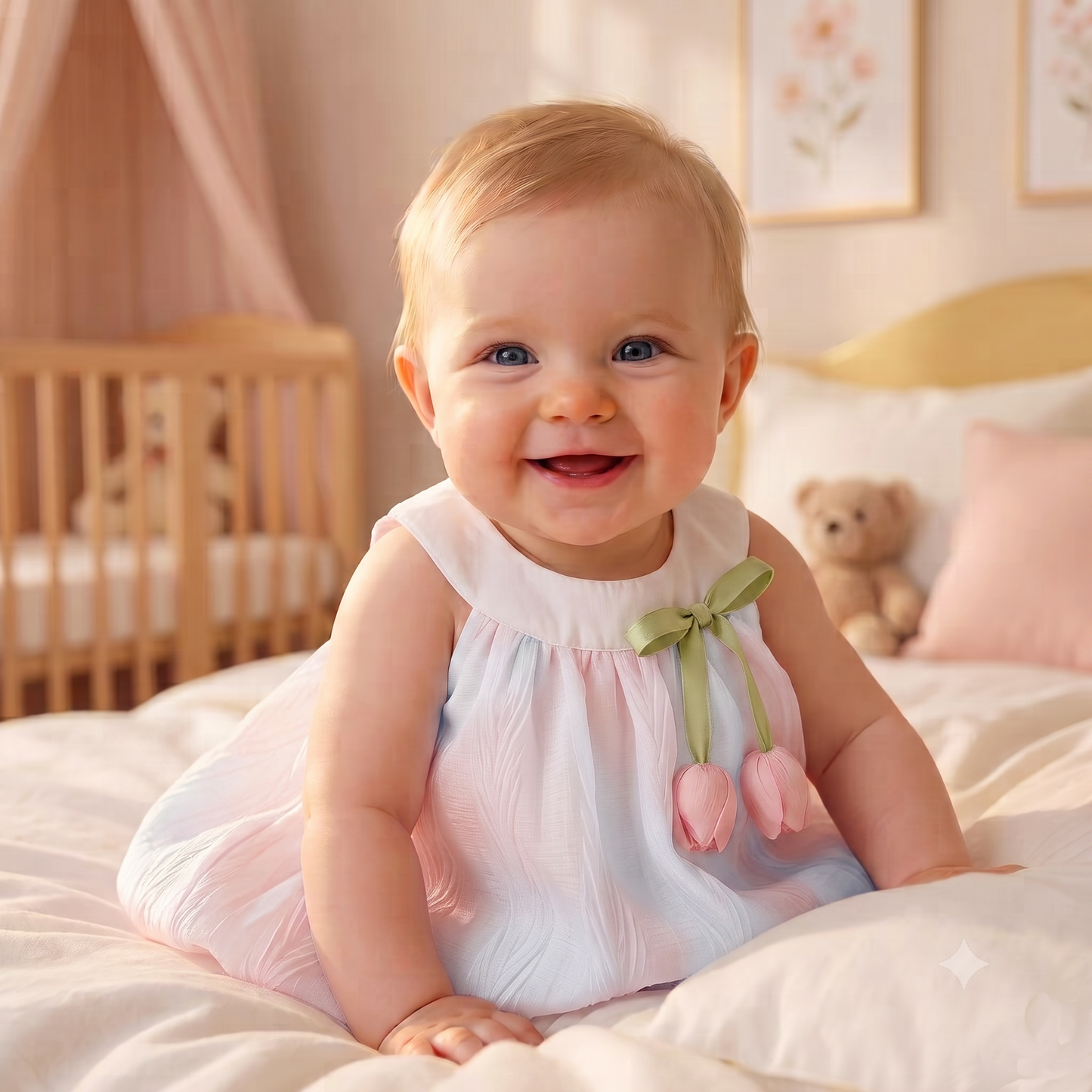 Smiling baby girl sitting on a bed in a nursery wearing the pink and blue tulip romper dress.