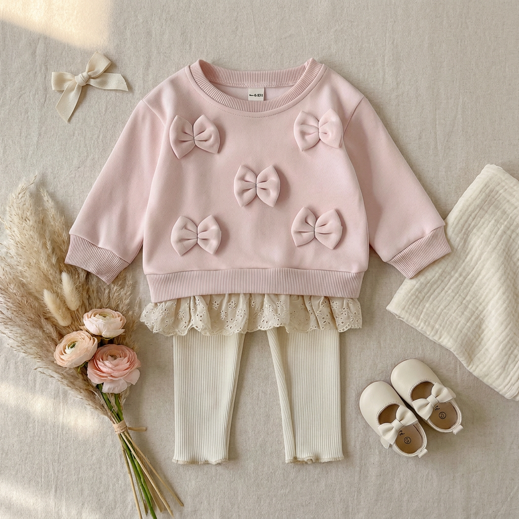 tyled vintage-inspired flat lay of the baby girl pink bow sweatshirt and cream leggings outfit accessorized with dried floral decor and baby shoes.
