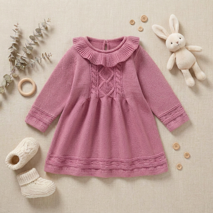 Flat lay view of a pink knitted toddler dress displayed with baby booties and plush toy accessories.
