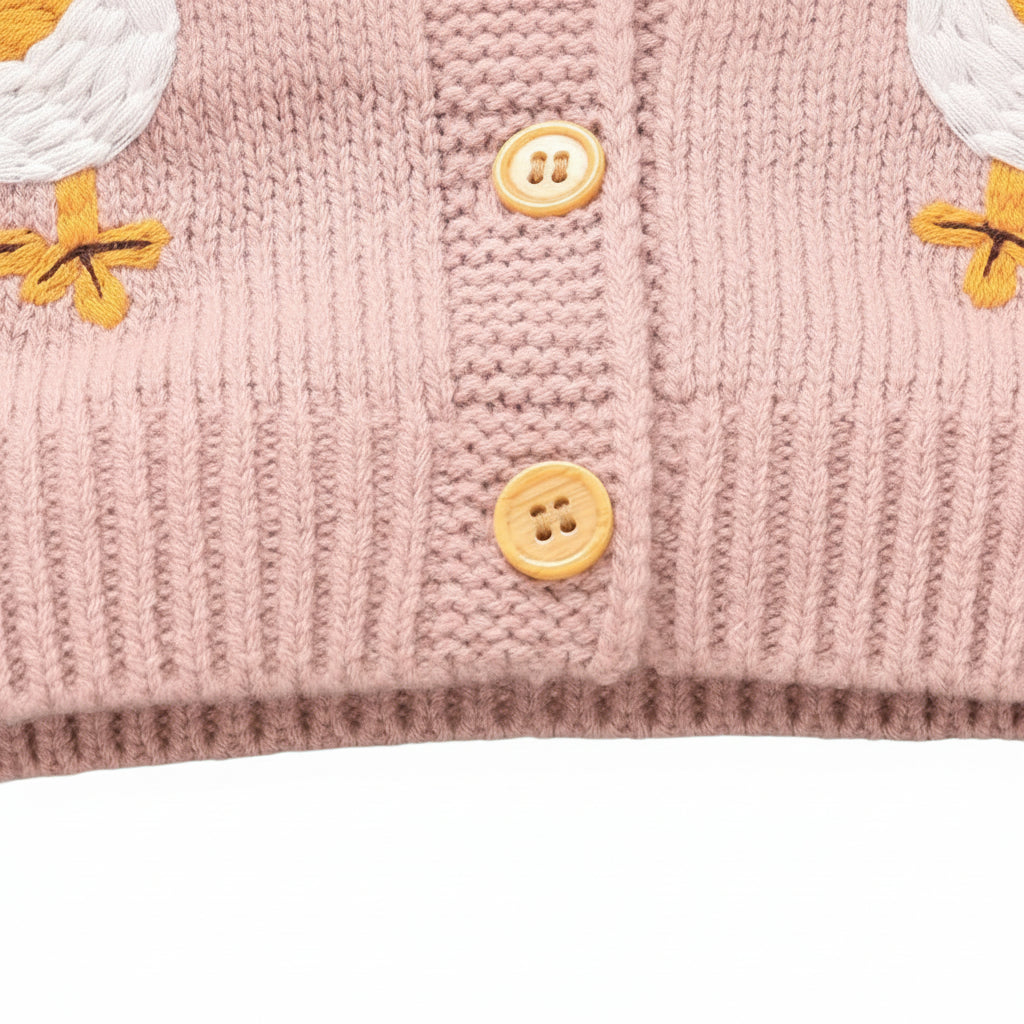 Close-up of the rustic wooden-style buttons and ribbed bottom hem of the pink baby knit cardigan.
