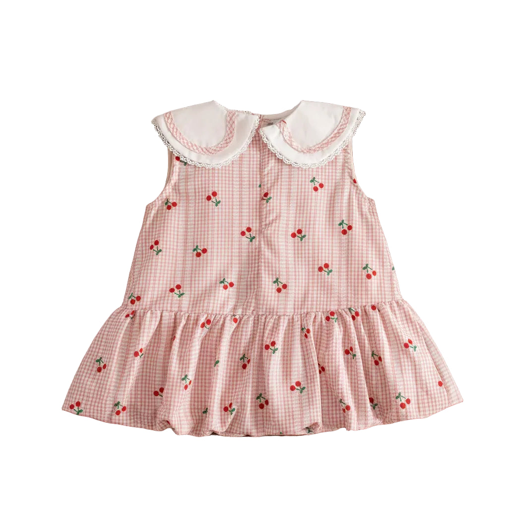 Back view of the pink cherry gingham sleeveless bubble dress showing the neckline and back closure.