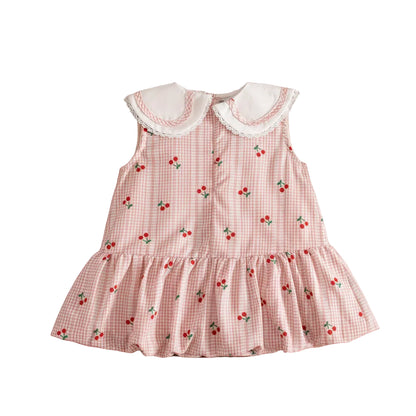 Back view of the pink cherry gingham sleeveless bubble dress showing the neckline and back closure.