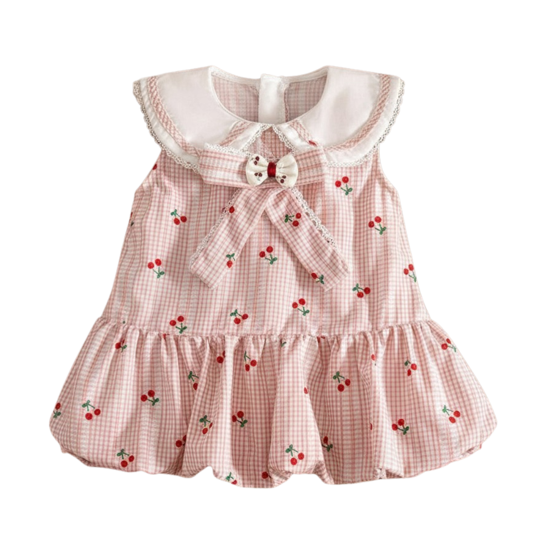 Pink cherry gingham bubble dress for baby and toddler girls featuring a ruffle Peter Pan collar and bow, displayed flat on a white background.