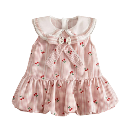 Pink cherry gingham bubble dress for baby and toddler girls featuring a ruffle Peter Pan collar and bow, displayed flat on a white background.