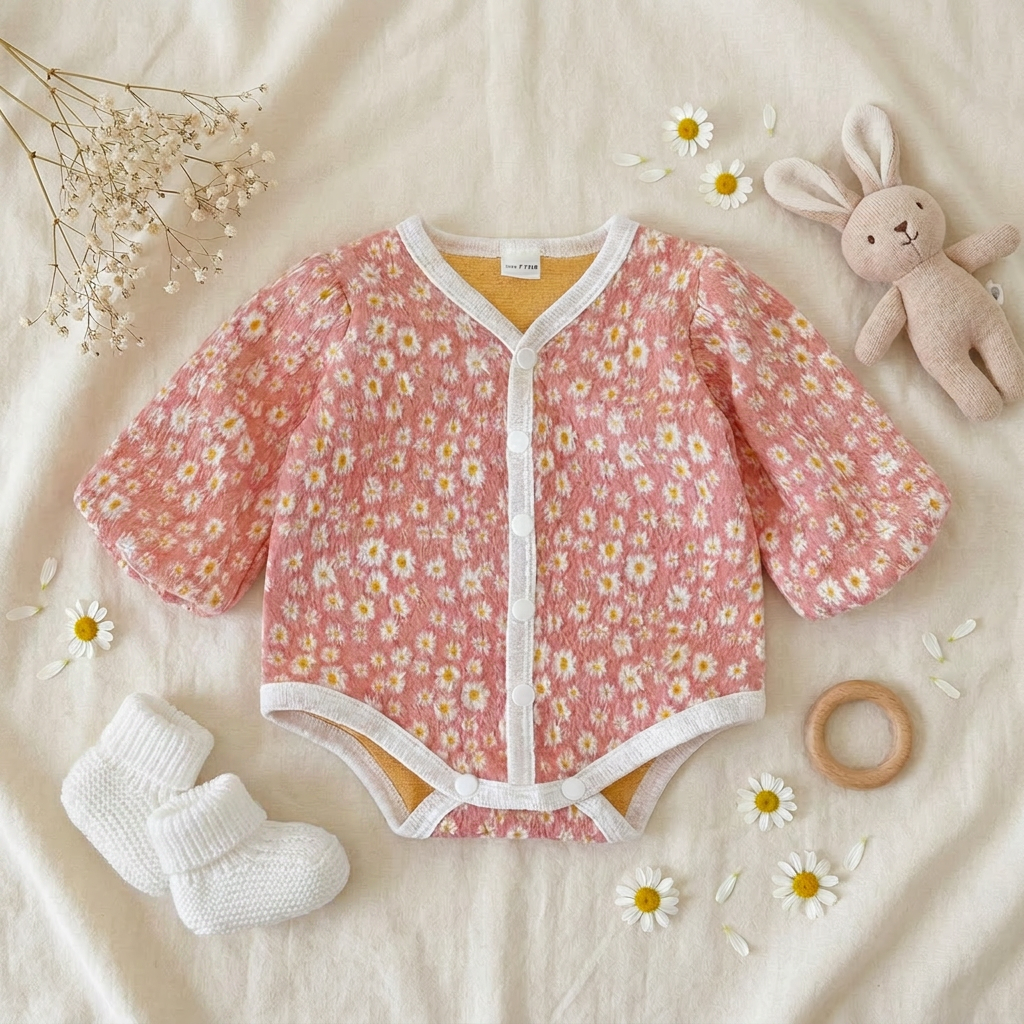 Styled flat lay of the pink daisy floral baby romper on a textured blanket, paired with baby socks, a wooden teething ring, and a plush bunny toy.