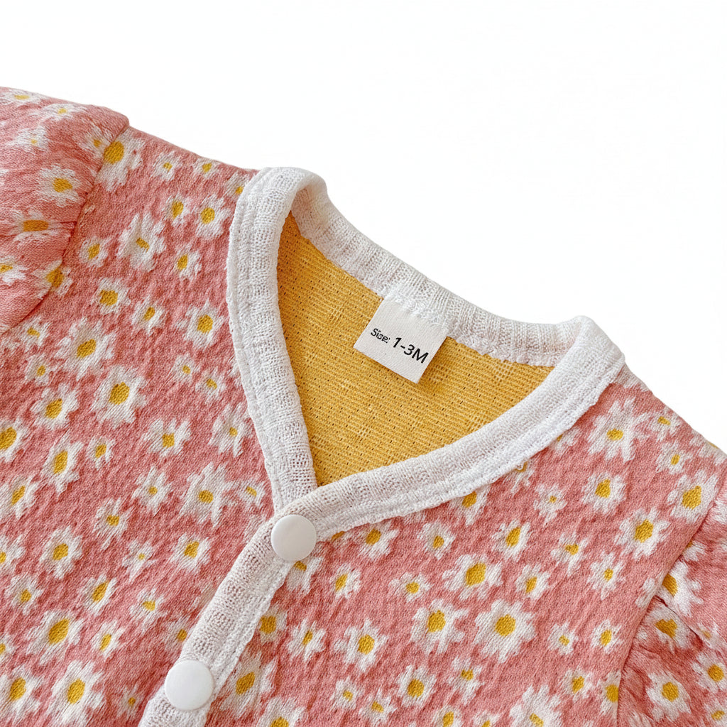 Close-up of the neckline and front snap closures on the pink daisy floral baby romper, showing the contrasting white trim and yellow interior.