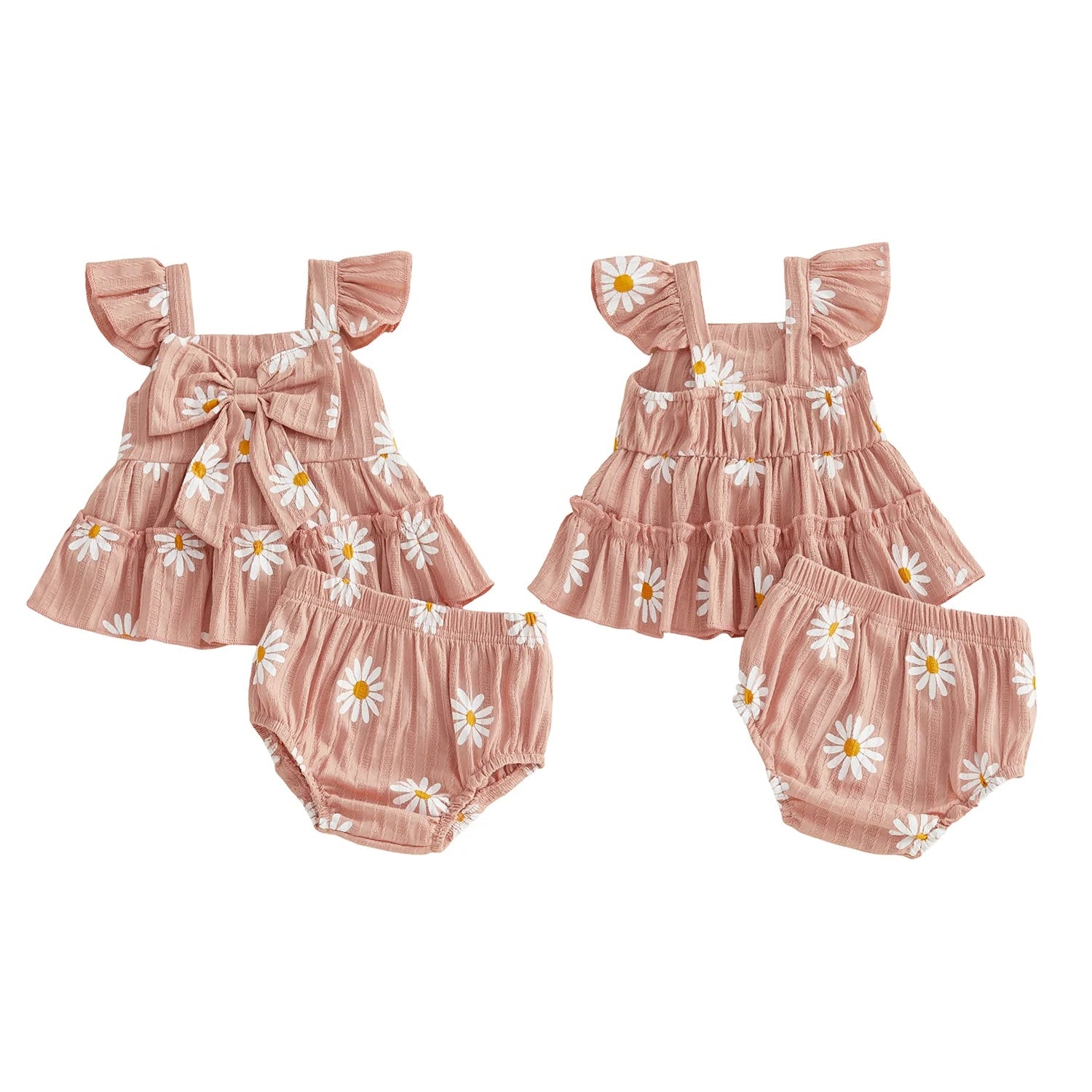 Baby girls pink matching set with daisy print showing the front and back view on a plain white background